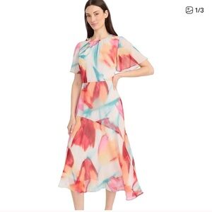 NWT Maggy London Women's Printed Asymmetric Hem Midi Dress Cream/Coral Size 4